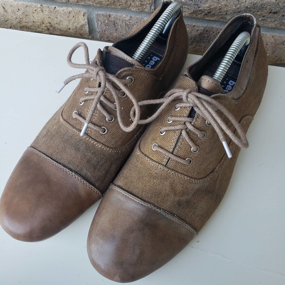 Bed Stu Goodman Brown Distressed Leather Canvas Oxford Shoe Lace Up Cap Toe 9.5